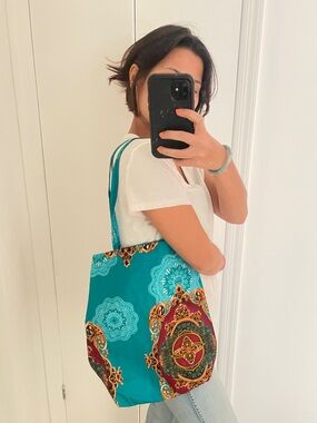 Teal Patterned Tote Bag with orange Accents